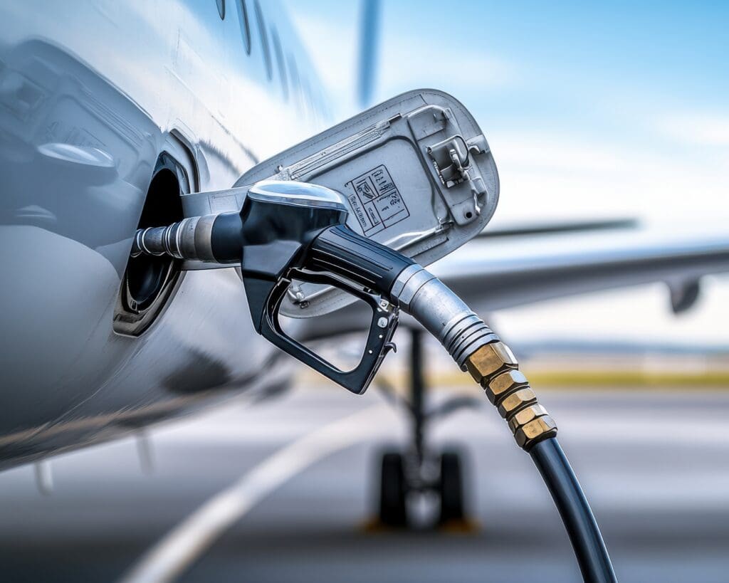 A close-up of a fuel pump nozzle filling an aircraft with fuel.