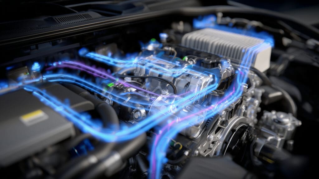 Highly detailed 3D render of an engine cooling system cutaway, showing coolant circulation through the radiator, water pump, and hoses with glowing fluid visualization