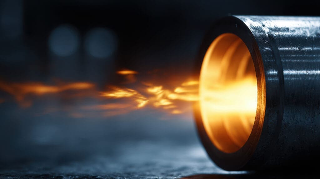 Jet engine exhaust producing bright orange flame with blurred background, showcasing power and heat in industrial setting