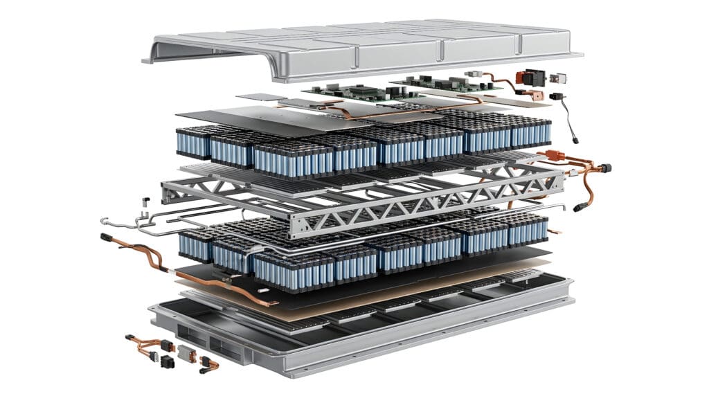 Exploded High Voltage Electric Vehicle Battery Pack Illustration with Cooling Layers Cell Modules and Electronics