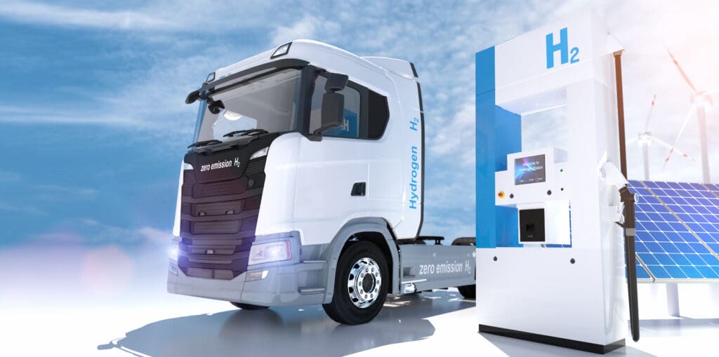 hydrogen logo on gas stations fuel dispenser. h2 combustion Truck engine for emission free ecofriendly transport.