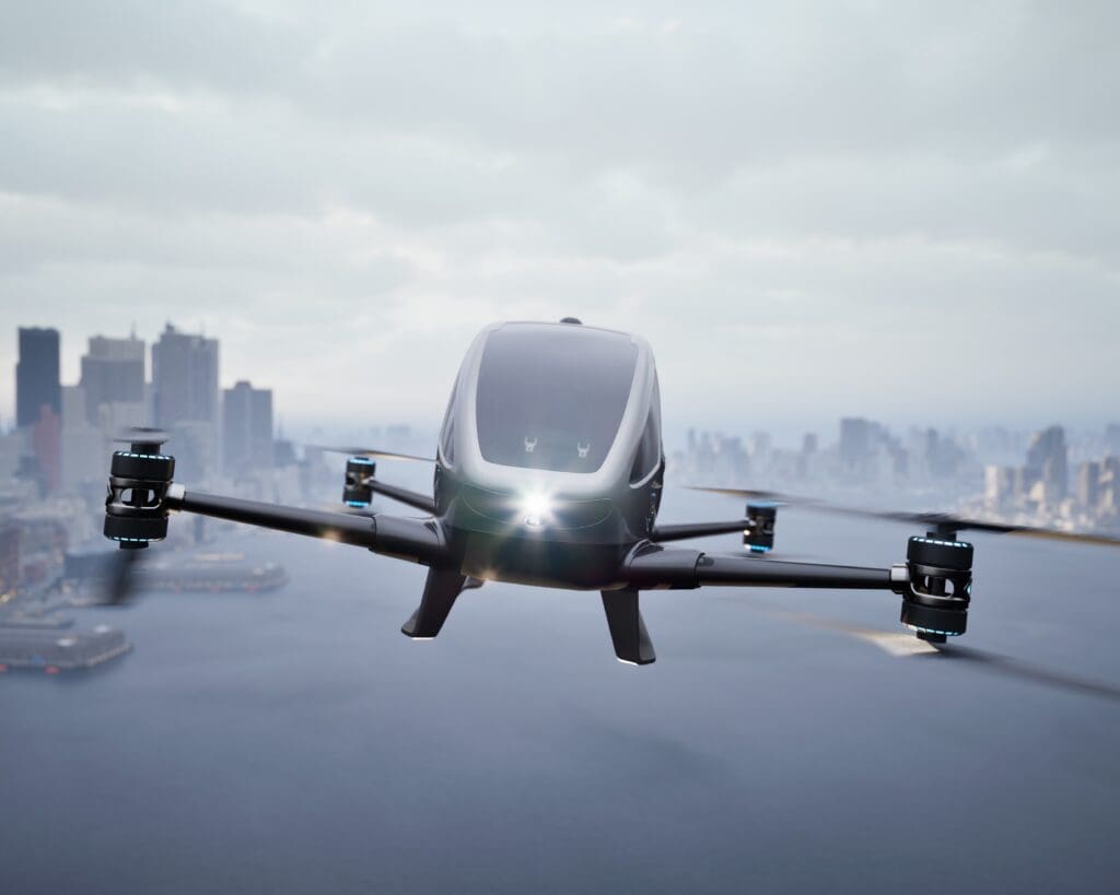 Autonomous driverless aerial vehicle fly across city, 3d render