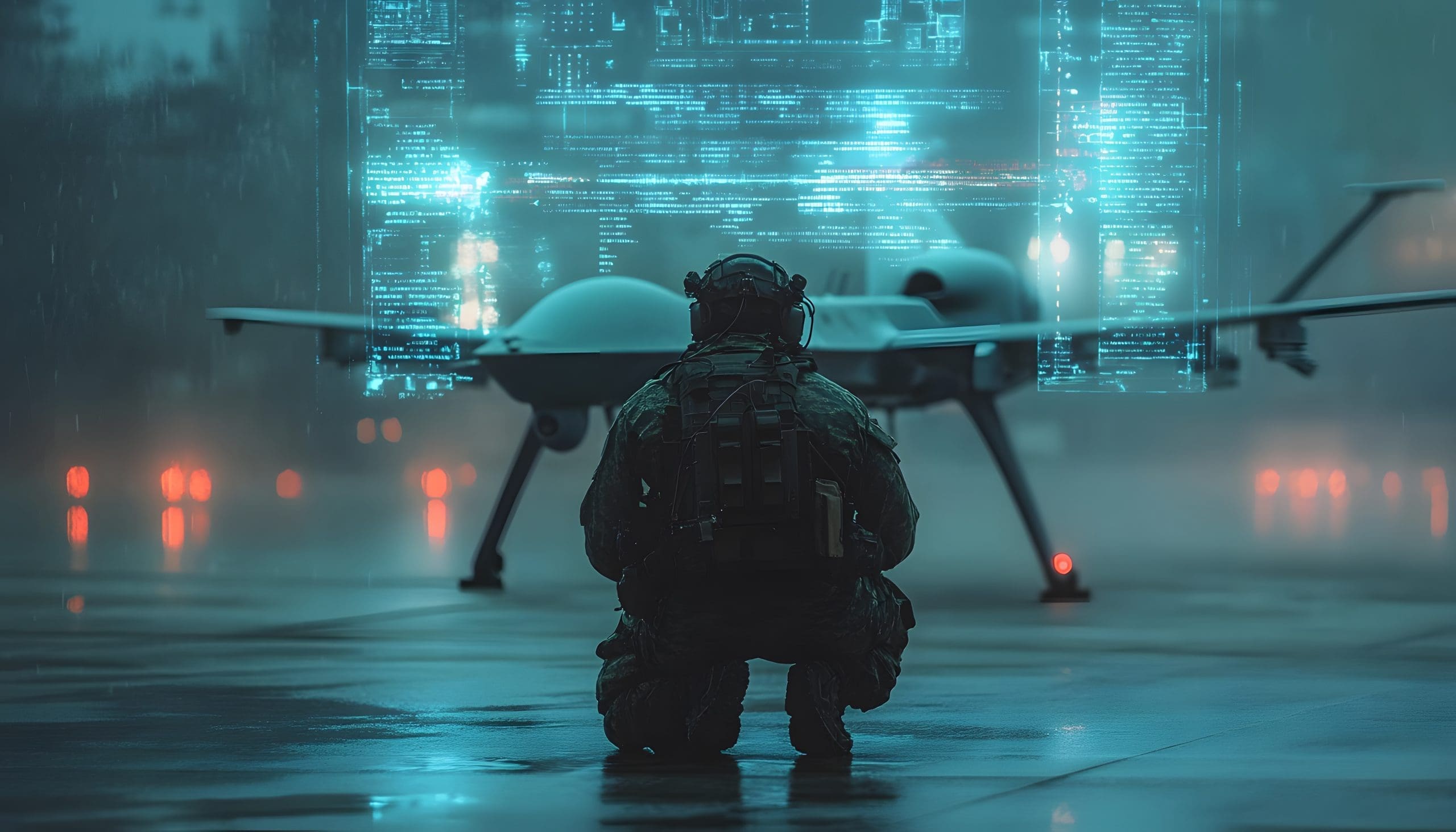 Soldier overseeing military drone while data streams in the background|Mapping of predicted anode potential|Virtual sensor estimating lithium plating|Virtual sensor estimating lithium plating risk in real time