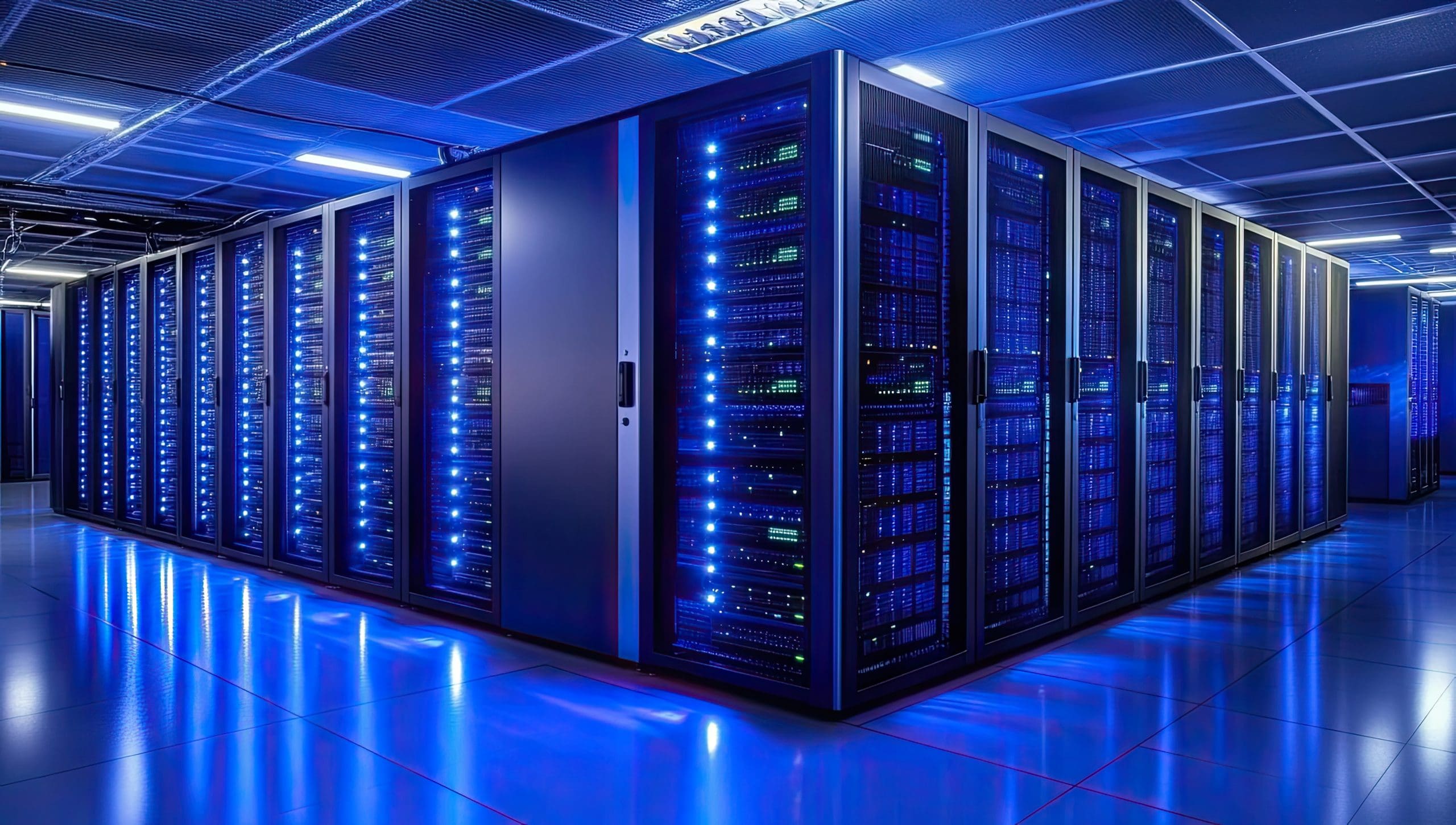 Data center servers illuminate blue floor