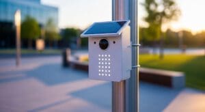 An innovative smart sensor box mounted on a sleek metal pole in a modern urban park
