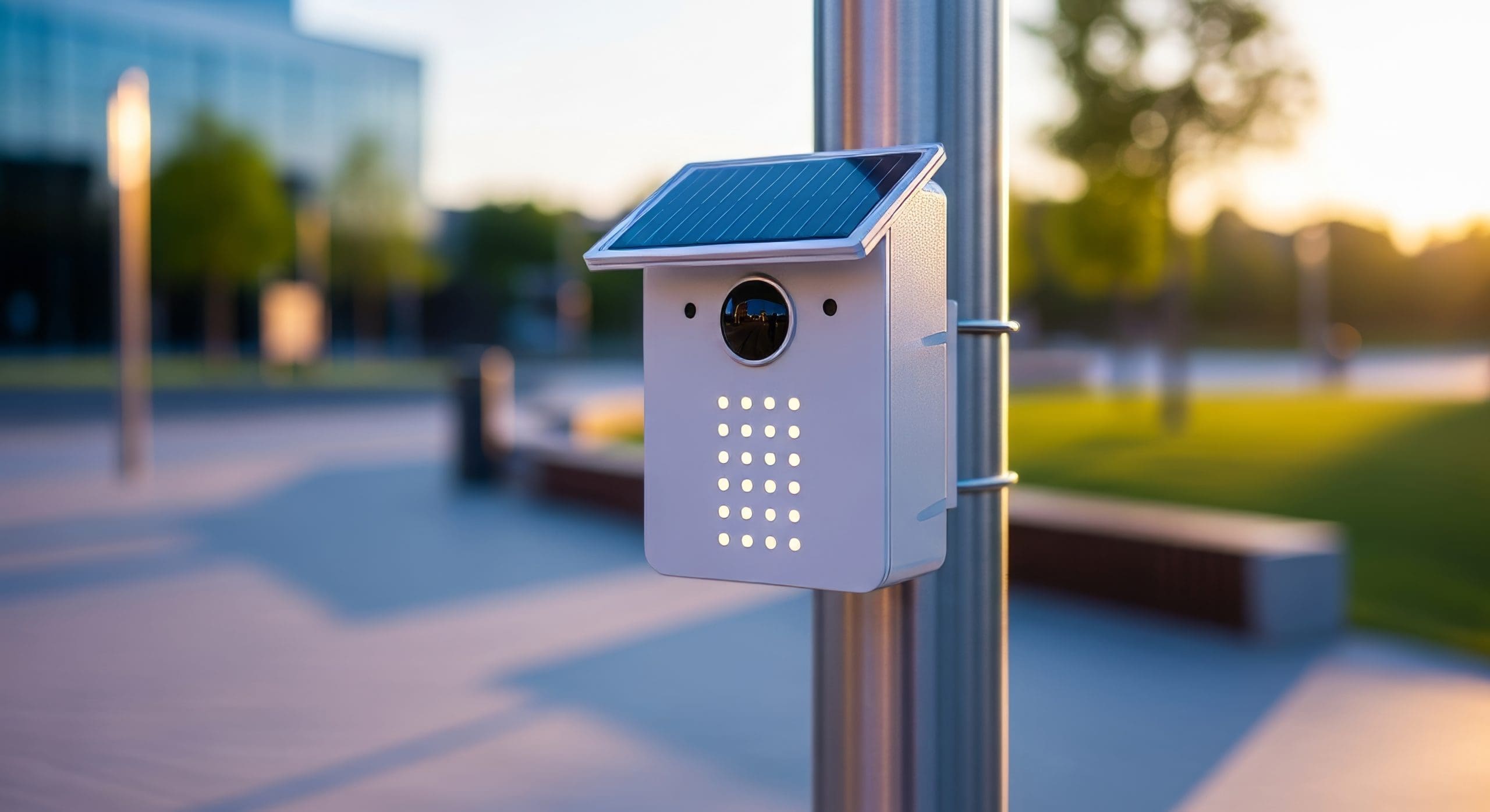 An innovative smart sensor box mounted on a sleek metal pole in a modern urban park