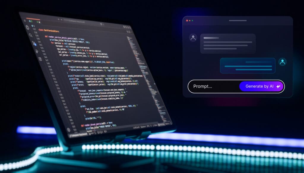 Prompt engineering and software development concept. Modern workspace with script coding and an artificial intelligence chatbot UI overlay.