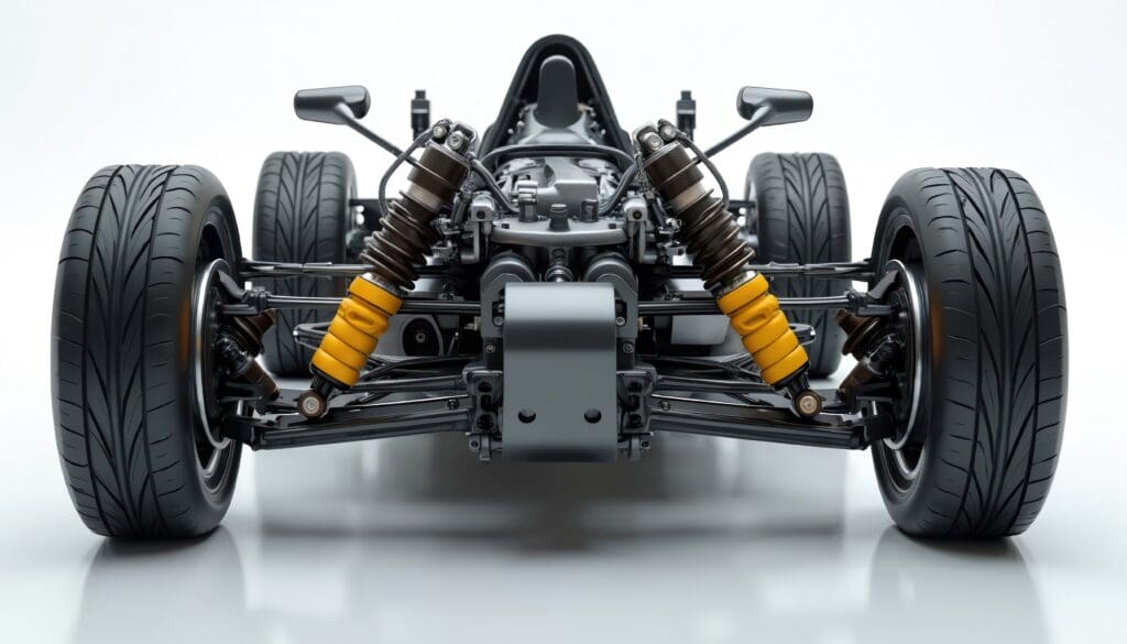 Close-up on formula car front suspension assembly with tires. Shows shock absorbers springs struts control arms and steering components. Detailed view of automotive engineering.