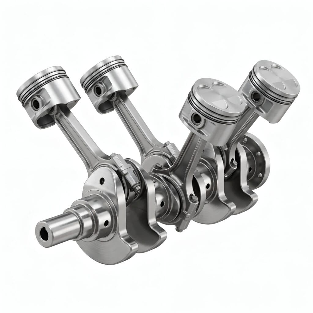 Detailed view of a polished steel V4 engine crankshaft with pistons on white background