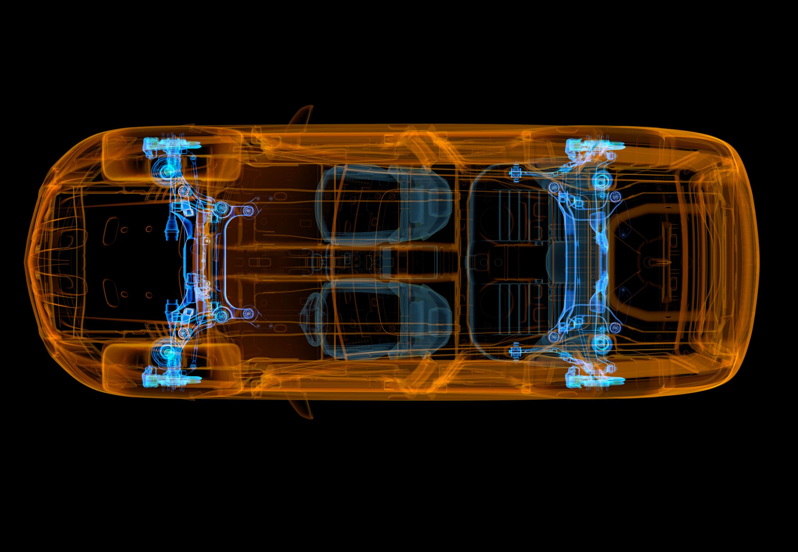 Technical 3d illustration of SUV car with x-ray effect. brakes and suspension systems.