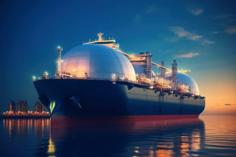 Futuristic tanker transporting oil or liquefied gas on the high seas