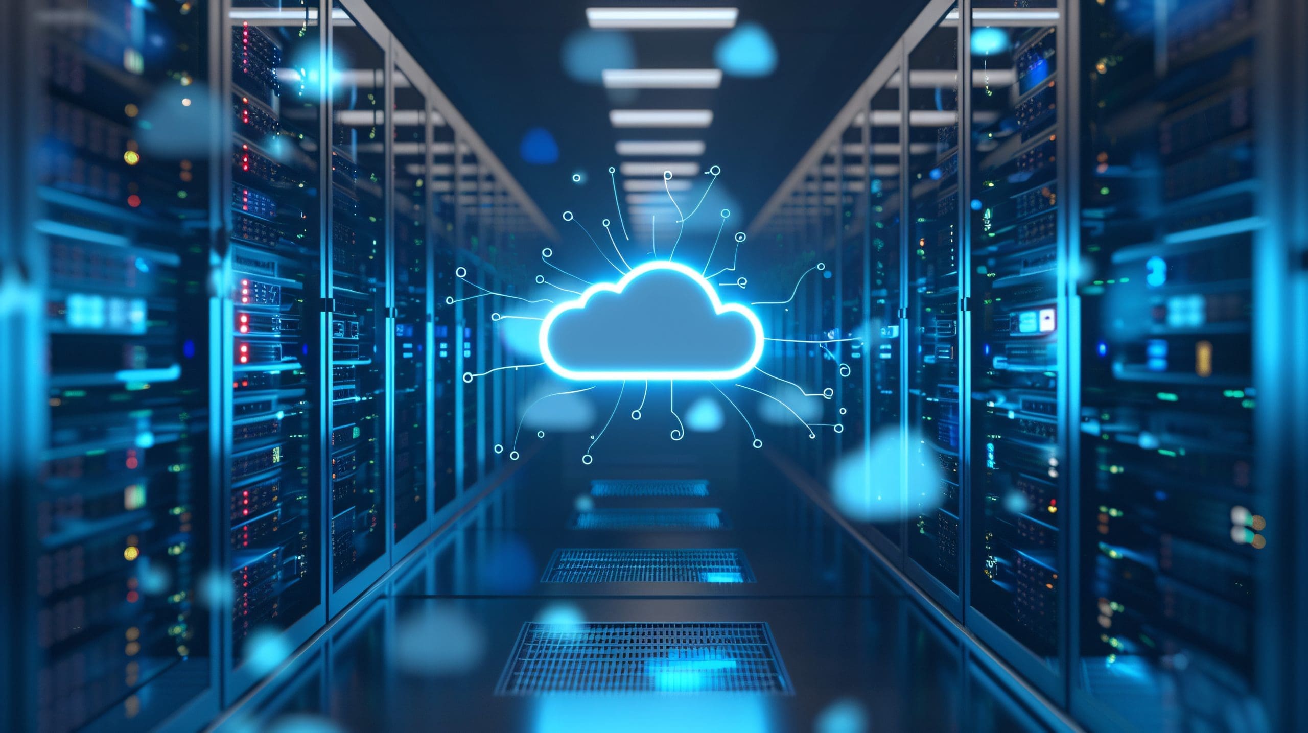 Server room with cloud on ceiling modern technology data center concept|Futuristic wireless Smart BMS powered by AI