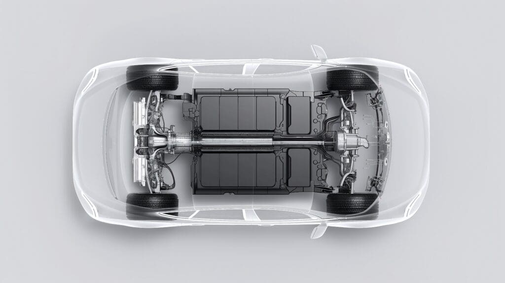 Battery EV Electric Vehicle Energy Technology, The overhead view of an electric car chassis with a transparent body reveals battery, suspension, and drivetrain components.